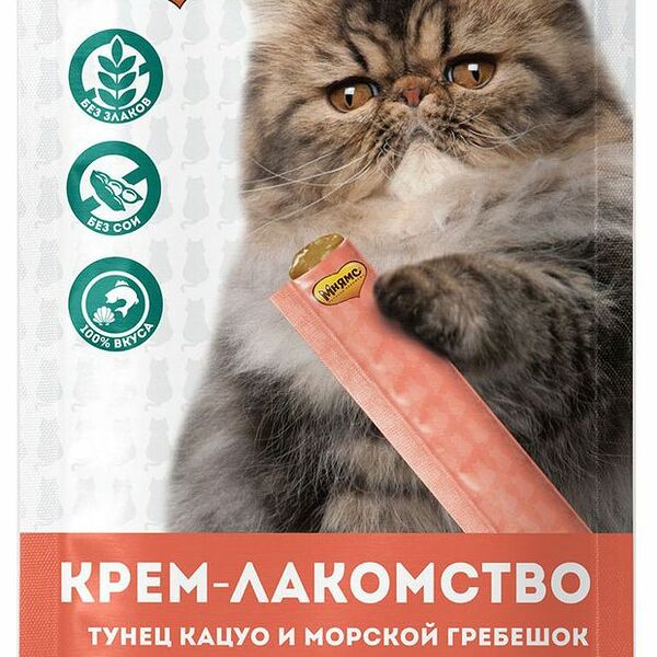 Крем-лакомство Мнямс для кошек Тунец Кацуо и Морской гребешок, 15 г. х 4 шт.
