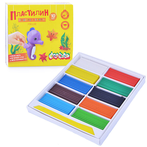Пластилин для детского творчества Каляка-Маляка мягкий, 10 цветов, со стеком, в ассортименте