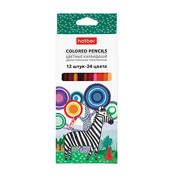 Карандаши цветные двухсторонние трёхгранные 24 цвета, Hatber, 12 шт