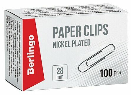 Скрепки Berlingo никелированные 28мм, 100шт, карт.упак