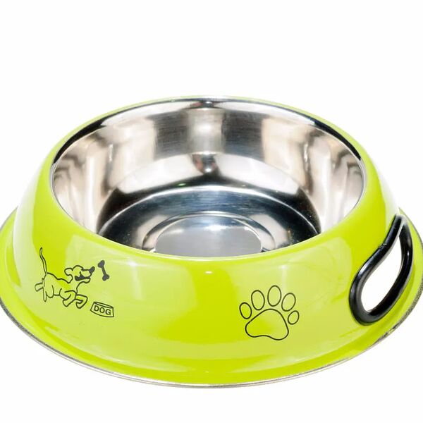 Миска для собак цветной металл дизайн с ручкой, резиновое основание480мл