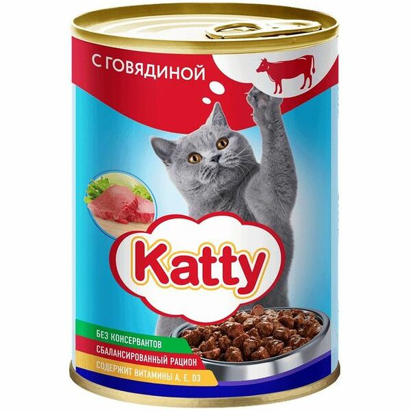Корм влажный Katty с говядиной для взрослых кошек 415 г