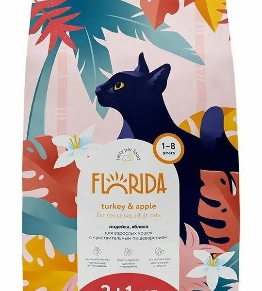 Сухой корм Florida с индейкой и яблоком для взрослых кошек 4кг
