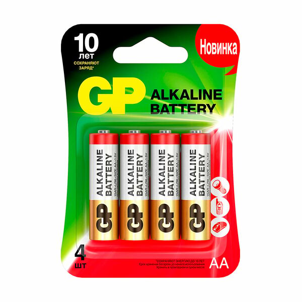 Батарейки алкалиновые, GP, АА, 4 шт.