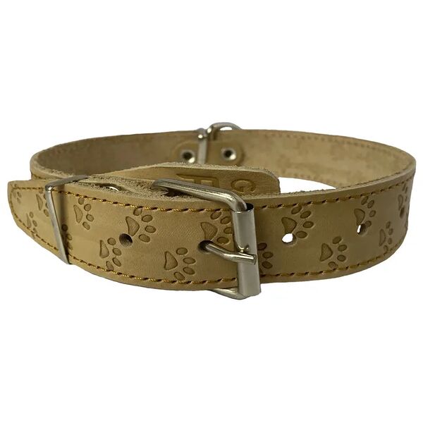 Ошейник Glogin Frais с тиснением Лапы короткий Бежевый натуральная кожа 35мм х 43-58см