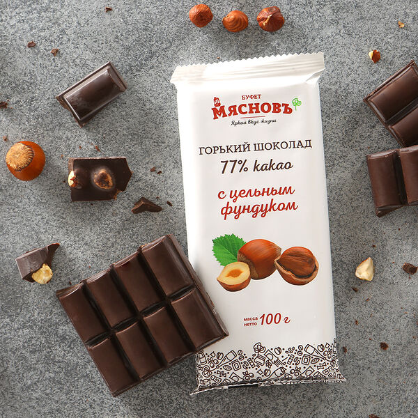 Шоколад горький 77% с цельным фундуком МясновЪ Буфет