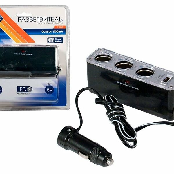 Разветвитель прикуривателя 3 гнезда с 1 USB, 12В ТМ Nova Bright (Нова Брайт)