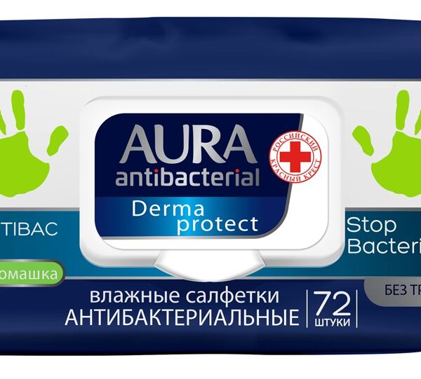 Салфетки влажные антибактериальные Aura ромашка, 72 шт.