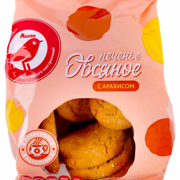 Печенье АШАН Красная птица овсяное с арахисом