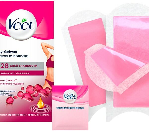 Восковые полоски Veet Easy-Gelwax для бикини и области подмышек Бархатная роза и эфирные масла 14шт