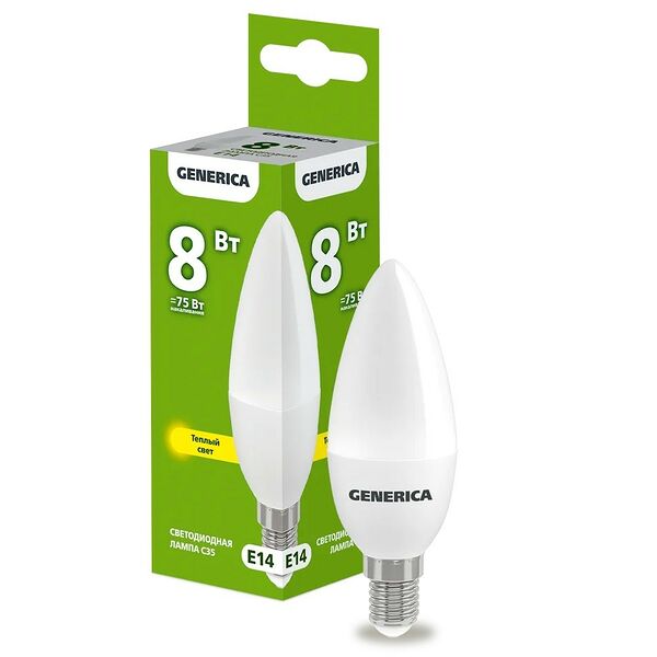 Лампа светодиодная IEK Generica, E14, 8 Вт, 3000К, 230 В, C35, свеча