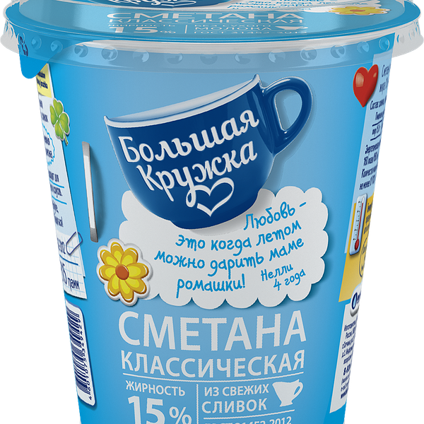 Сметана Большая Кружка Классическая 15%, без змж, 315г