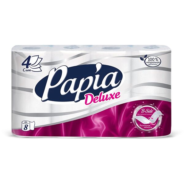 Бумага туалетная Papia Deluxe белая 4 слоя 8 рулонов