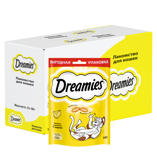 Лакомство Dreamies Лакомые подушечки для взрослых кошек с сыром, 140 г х 12 шт