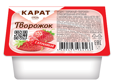 Творожок сливочный клубника 9% Карат, 100г