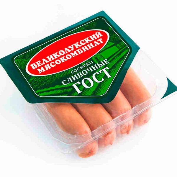 Сосиски сливочные гост 330г вискофан мясной продукт кат.б великолукский м-т