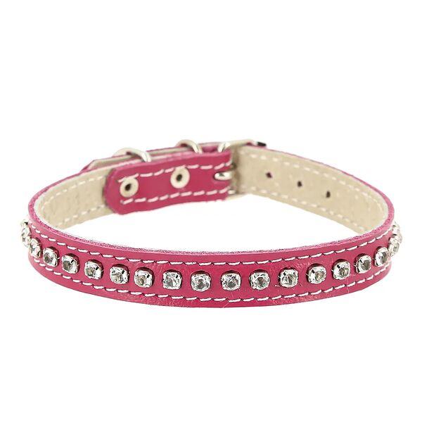 Каскад ошейник кожаный двойной со стразами 24-28 см, розовый