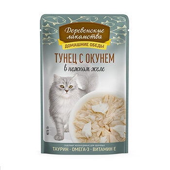 Влажный корм для кошек Деревенские Лакомства тунец с окунем в нежном желе