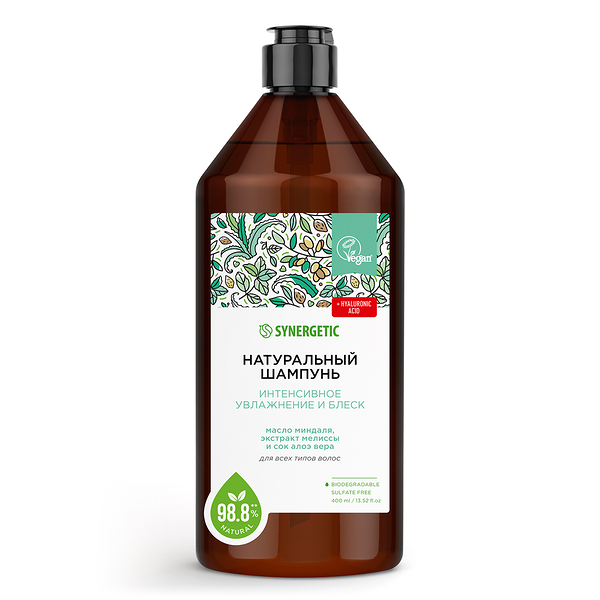 Шампунь Synergetic Интенсивное увлажнение и блеск бессульфатный, 400мл