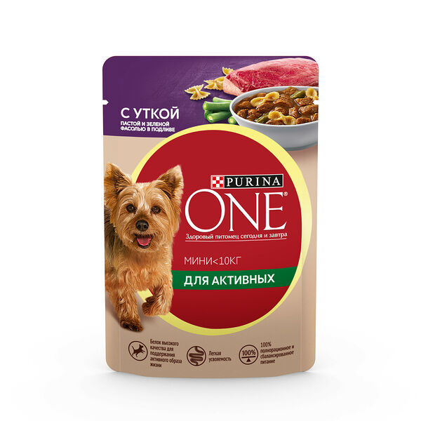 Purina One Мини пауч для активных взрослых собак мелких и карликовых пород (кусочки в подливе) Утка