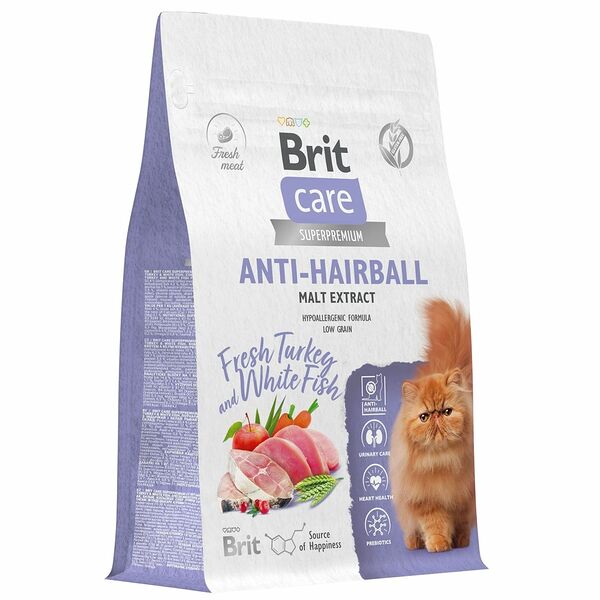 Сухой корм для кошек Brit Care Cat Anti-Hairball Индейка/Белая рыба