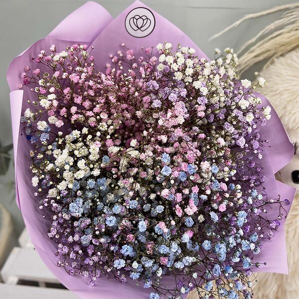 Букет из 7 гипсофил микс в сиреневой пленке