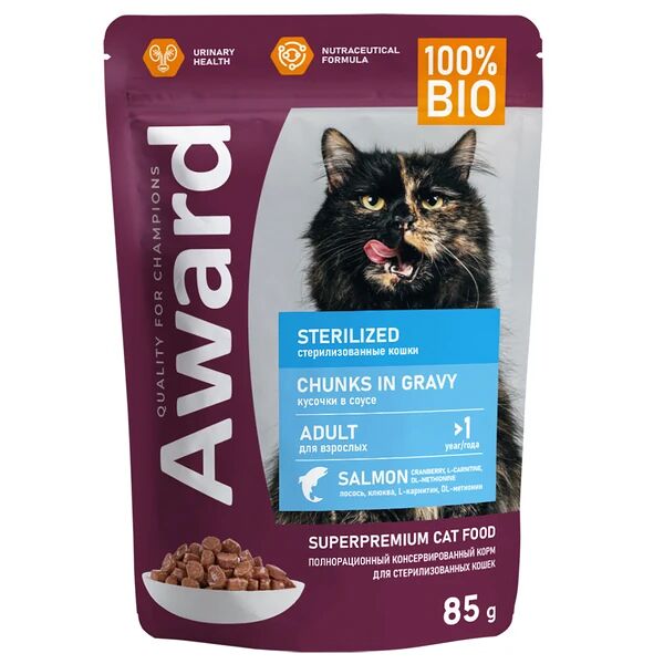 Влажный корм AWARD Sterilized для взрослых стерилизованных кошек, кусочки в соусе с лососем 85г