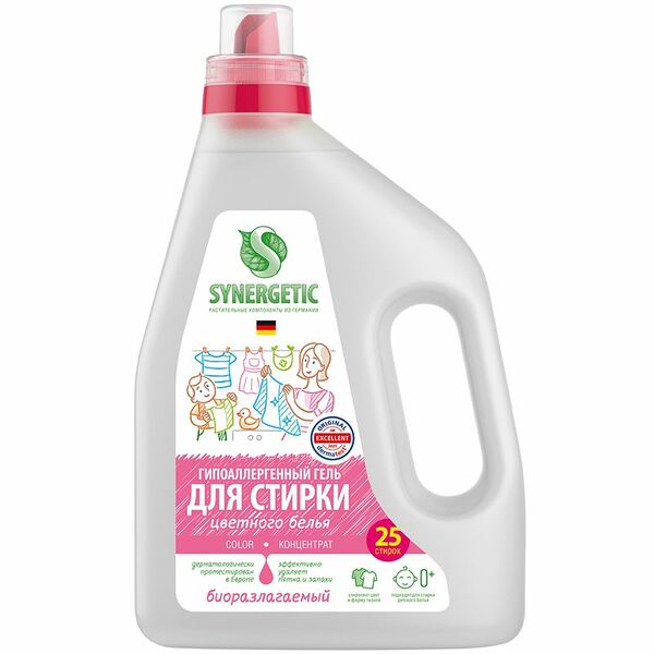 Гель для стирки Synergetic Color гипоаллергенный биоразлагаемый концентрированный для цветного белья, 1.5л