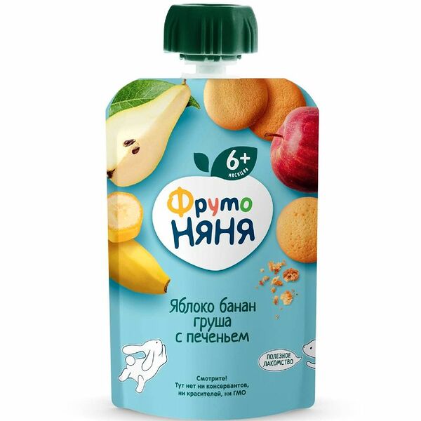 Пюре ФрутоНяня из яблок бананов и груш с печеньем с 6 месяцев, 90г