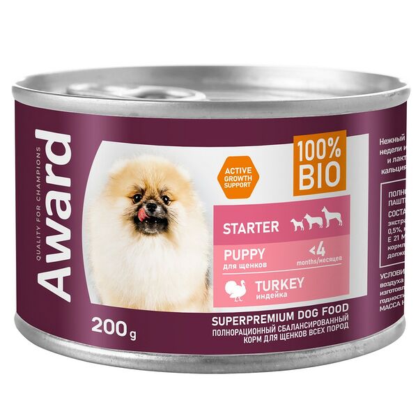Консервы для щенков Award с начала прикорма до 4 месяцев, беременных и кормящих сук в виде паштета из индейки 200 г