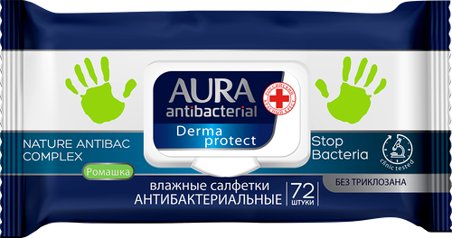 Влажные салфетки Aura Derma Protec Антибактериальные 72 шт