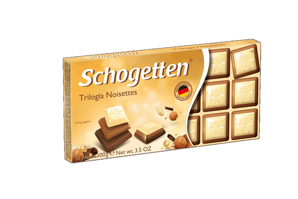 Шоколад Trilogia Schogetten молочный, белый с грильяжем и фундуком, с джандуей и фундуком