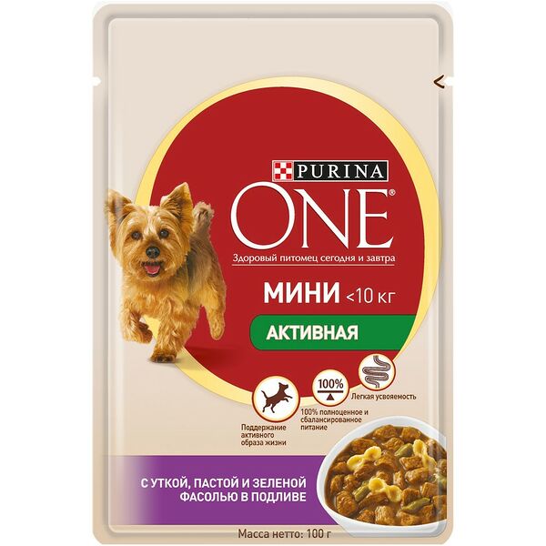 Purina One Мини пауч для активных взрослых собак мелких и карликовых пород (кусочки в подливе) Утка
