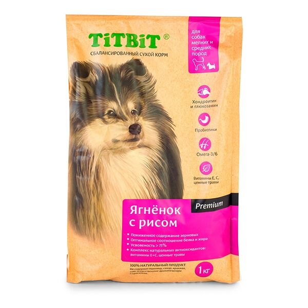 Сухой корм Titbit Premium для собак мелких и средних пород ягнёнок с рисом 1 кг