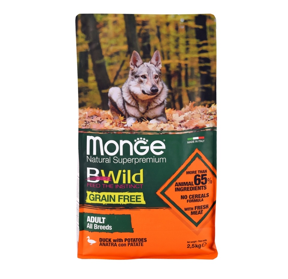 

Корм для собак Monge BWILD Feed the Instinct для здоровья кожи и шерсти, утка с картофелем 2,5 кг