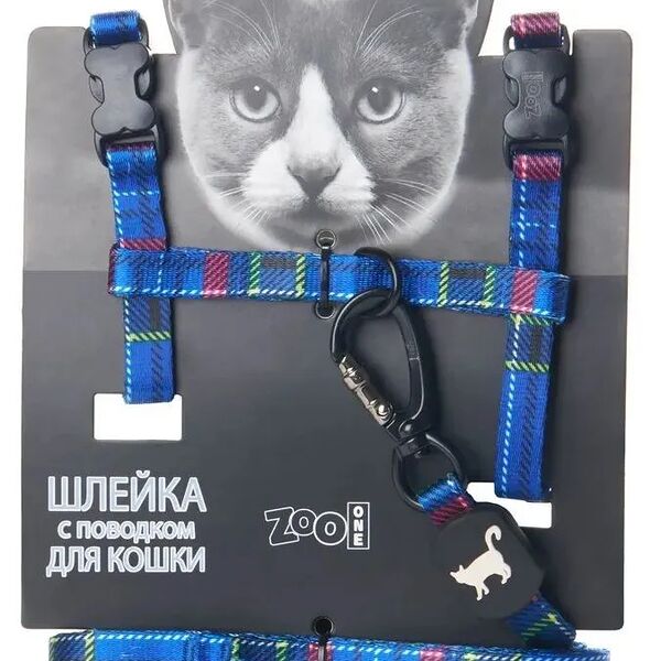 Шлейка для кошек ZOO ONE Шотландка синяя 10мм 20х30/25х40см с поводком 120см 