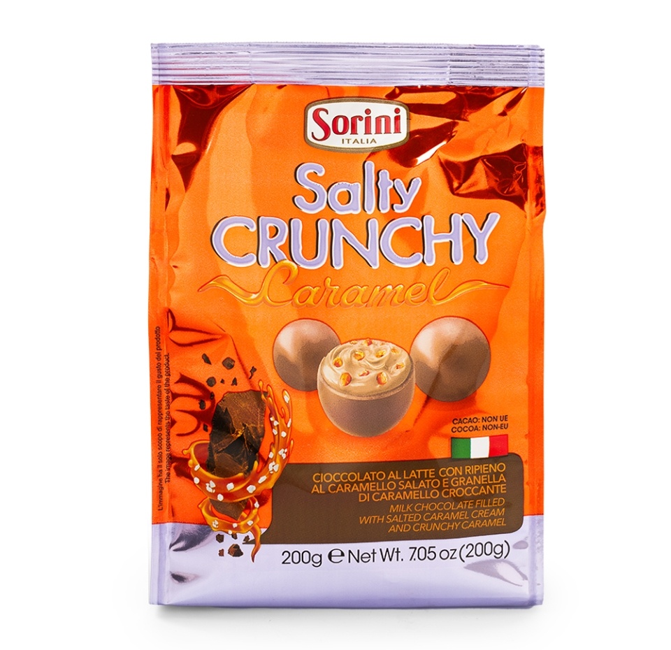

Конфеты Пралине из молочного шоколада Sorini Salty Crunchy Caramel с начинкой из сливочного крема и хрустящих кусочков солёной карамели 200 г