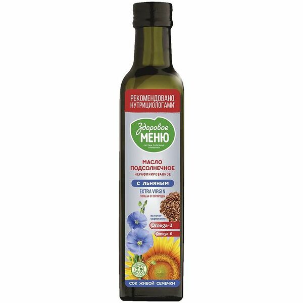 Масло подсолнечное Здоровое меню нерафинированное с добавлением льняного высший сорт, 250мл
