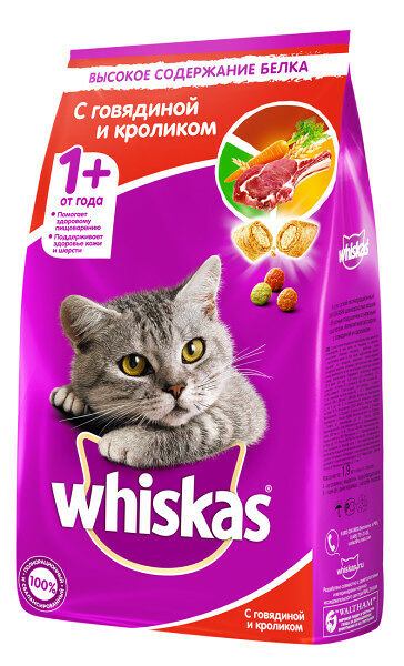 Вкусные подушечки Whiskas® для кошек говядина и кролик
