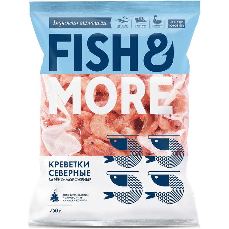 

Креветки северные варено-мороженые Fish&More в панцире 80/100 750 г