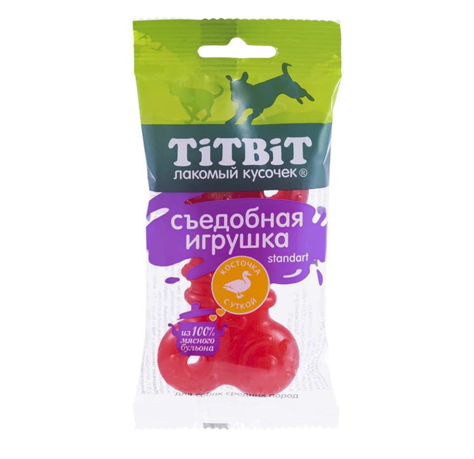 

Лакомства для собак средних пород Съедобная игрушка Titbit Лакомый кусочек косточка с уткой standart, 50 г