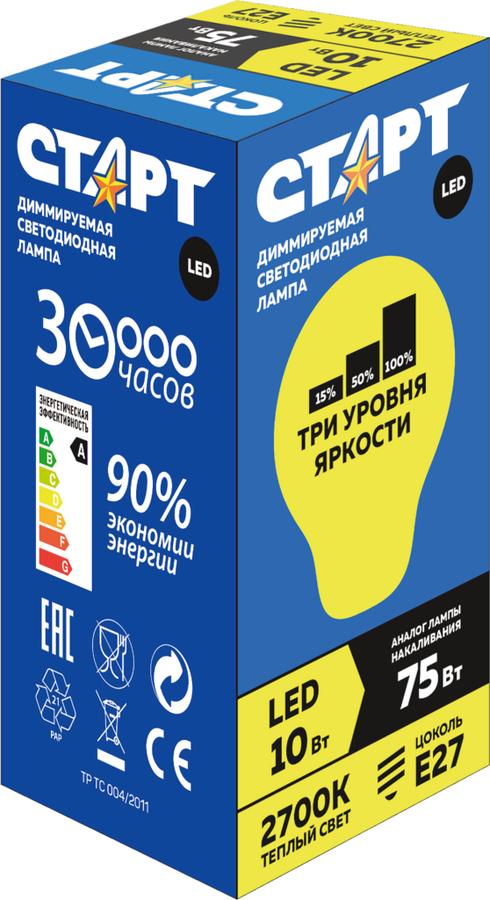 

Лампа светодиодная Старт LEDGLSE27 10Вт27 Dim Step 10/50 (Р)