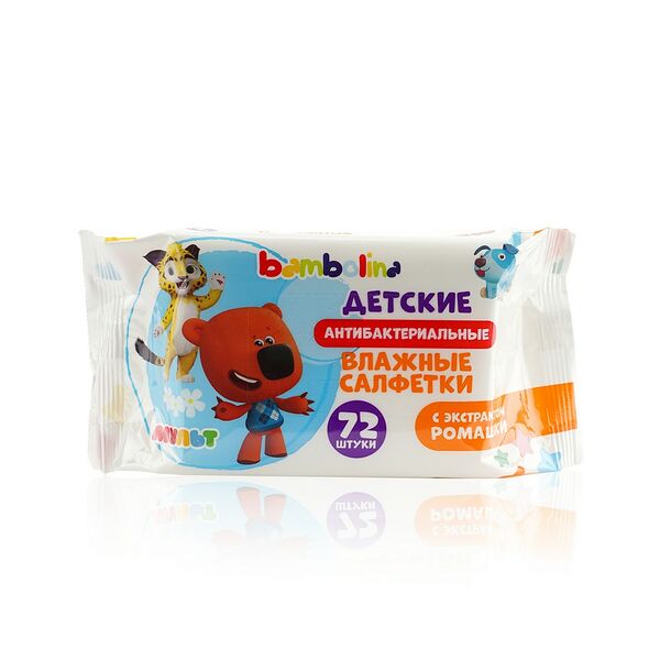 Детские влажные салфетки Bambolina антибактериальные с экстрактом ромашки 72шт