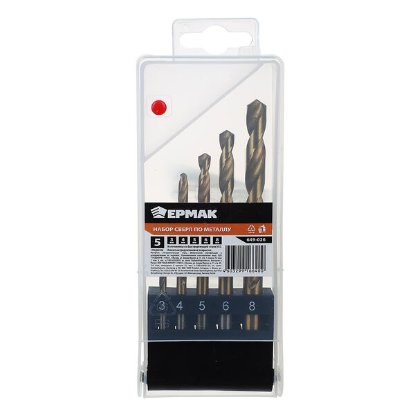 Набор сверл Ермак по металлу 5 пр. п/б (3-4-5-6-8мм) hss, нитридтитан.покрытие