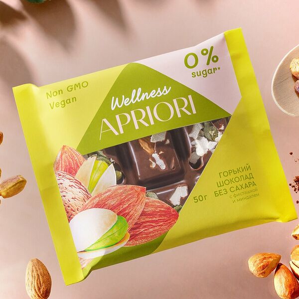 Apriori Wellness горький шоколад без сахара с миндалем и фисташкой