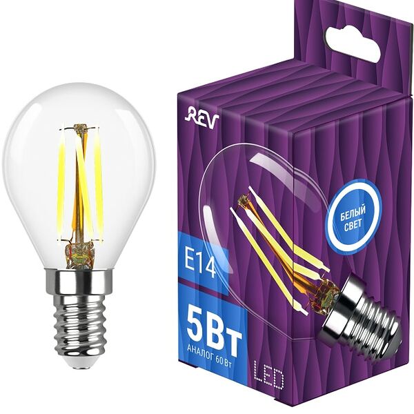 Лампа светодиодная REV Filament Белый свет E14 5Вт