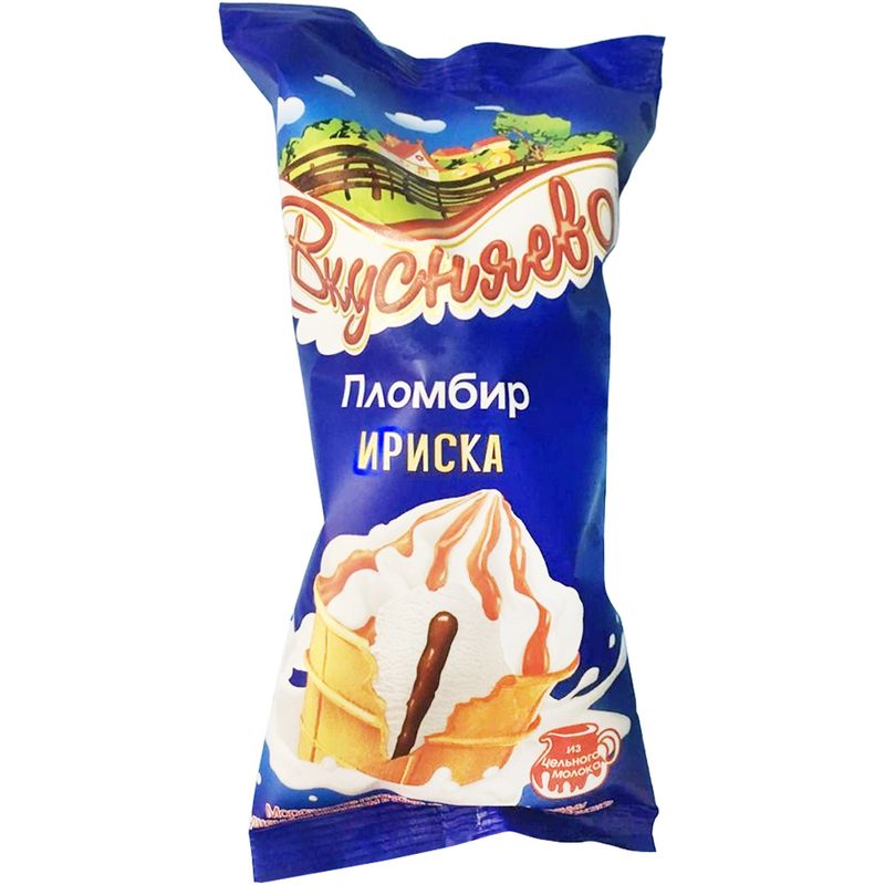 

Мороженое ВКУСНЯЕВО Ириска, пломбир с вареным сгущенным молоком 12%, без змж, вафельный стаканчик