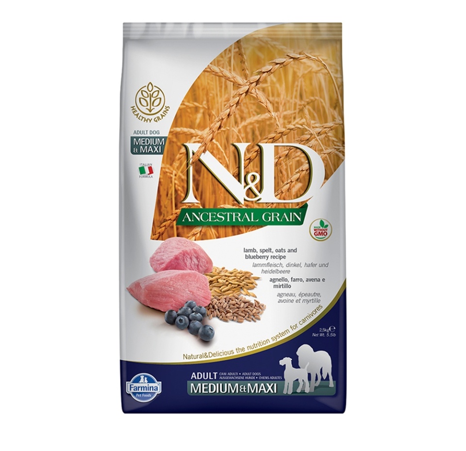 

Farmina N&d ancestral grain Lamb & Blueberry Adult medium & maxi низкозерновой корм для собак средних и крупных пород, спельта, овес, ягненок и черника 2,5 кг