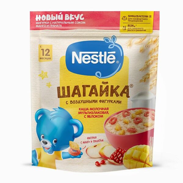 Каша молочная мультизлаковая Nestle Шагайка с яблоком и воздушными фигурками с манго и гранатом с 12 месяцев