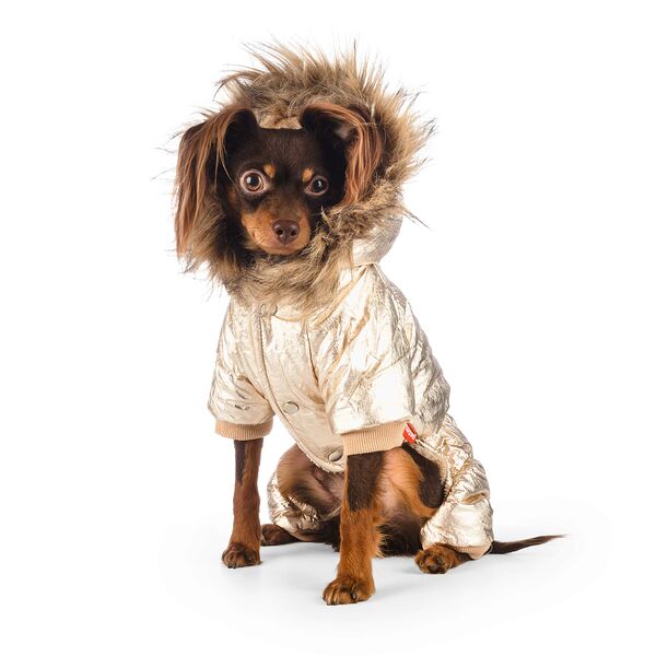 Комбинезон с меховым капюшоном для собак S золотой (унисекс)